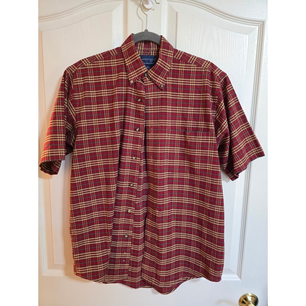 Towncraft Mens Small Red Plaid Short Sleeve Button Down Shirt Wrinkle Free /0541